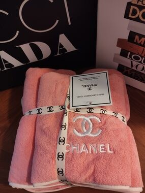 CC Pink/ Coral Embroidered Logo Towel Set with Branded Ribbon